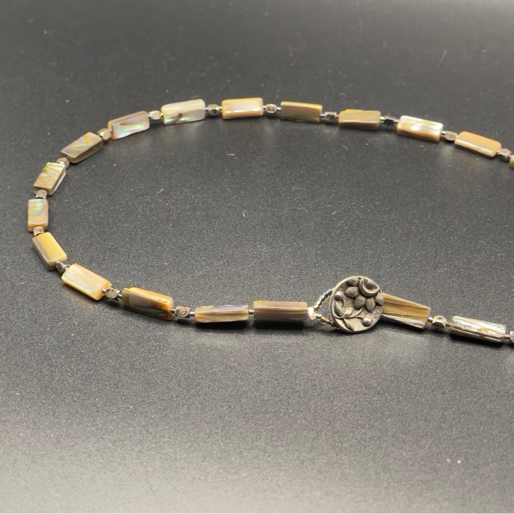 Vintage Artisan 18” Abalone & Bone Shell Necklace w/ Botanical Silver Clasp 🐚 - Picture 8 of 14
